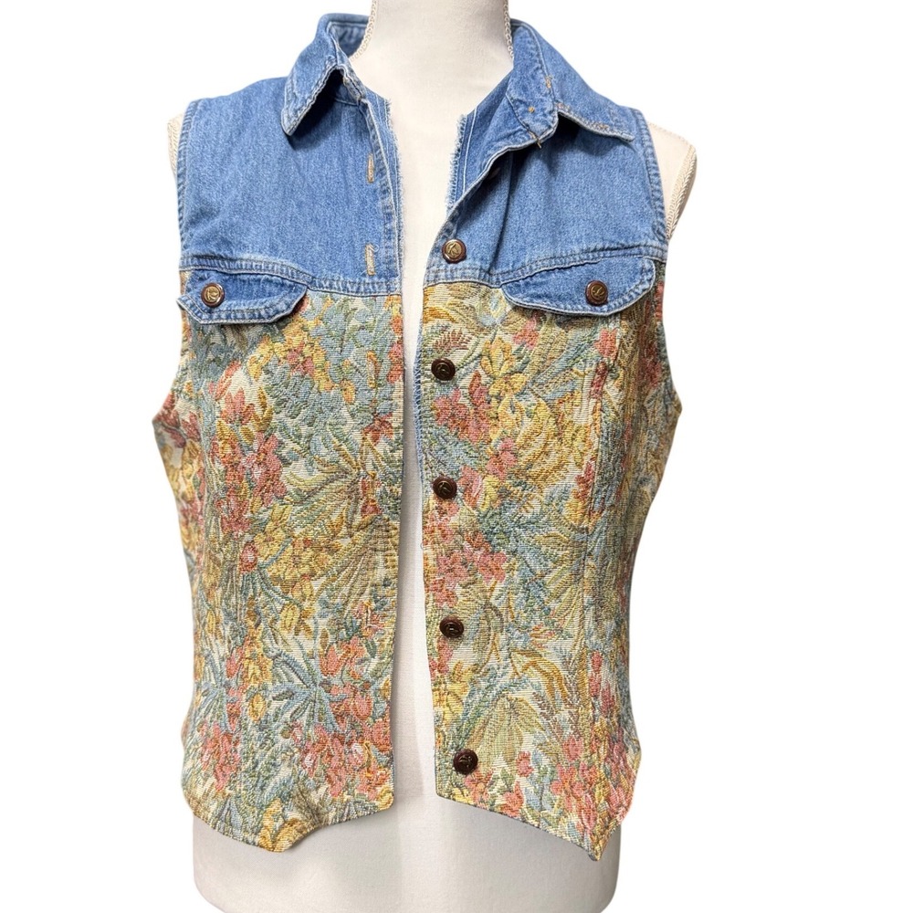 Vintage 90s Tapestry Floral Denim Button Front Vest Country Momcore size 16